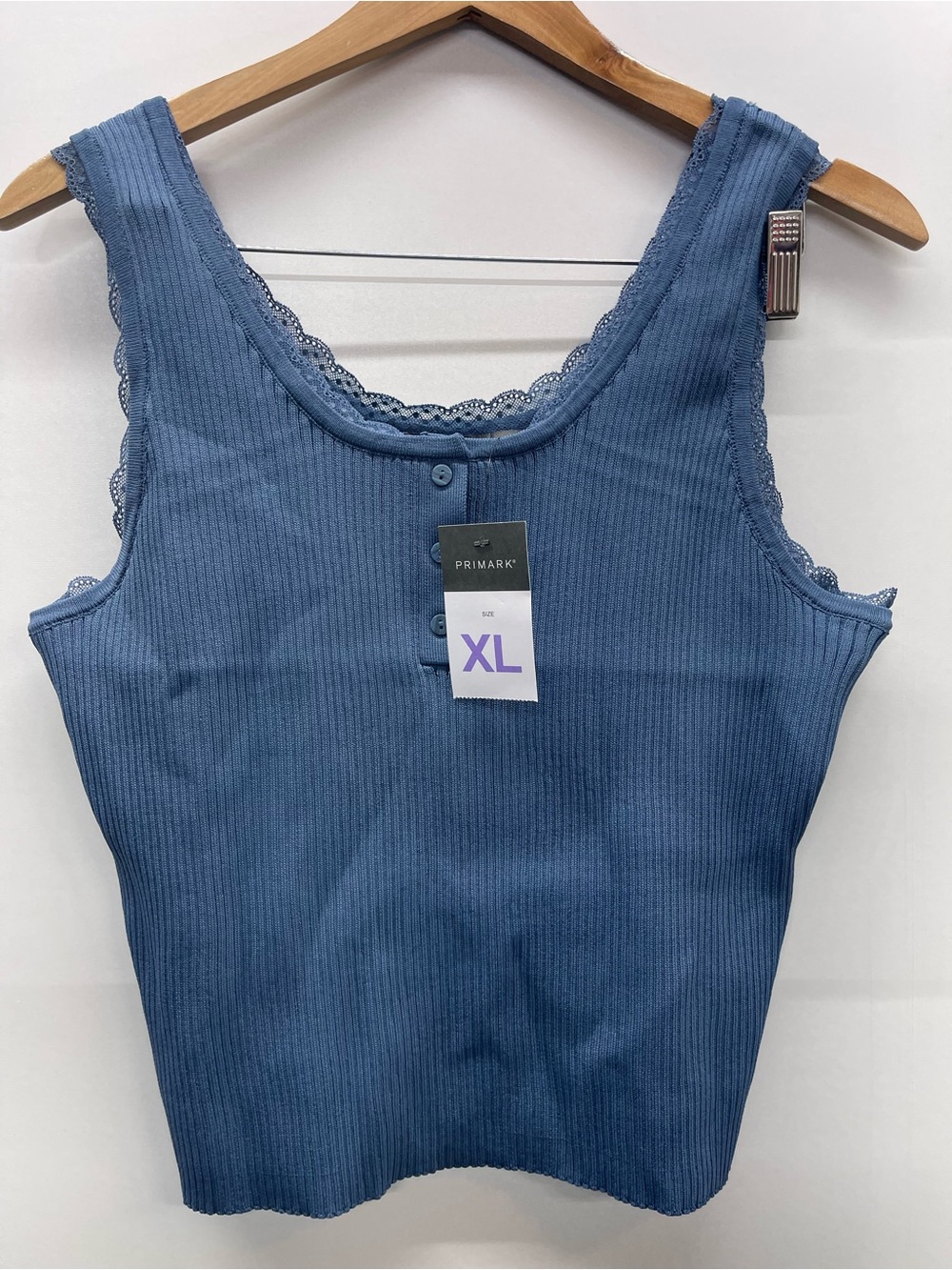 Primark Blue Ribbed Knit Tank Top with Lace‎ Trim